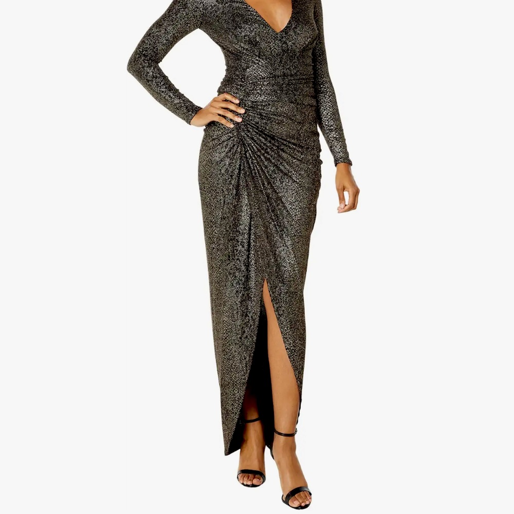 Vince Camuto Ruched Metallic V-Neck Gown Size 10 NWT